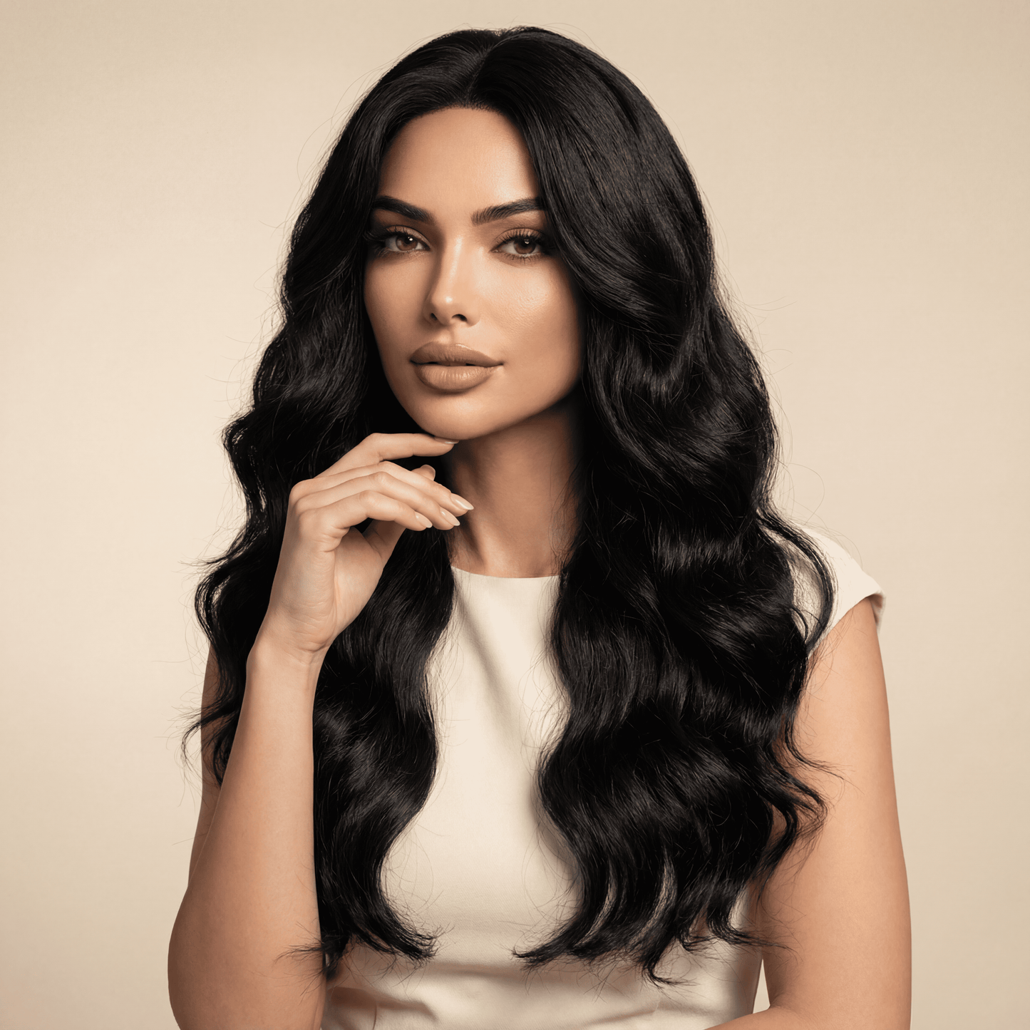 Long Black Wavy Synthetic Wig – No‑Lace Full Head Cover
