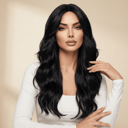 Long Black Wavy Synthetic Wig – No‑Lace Full Head Cover