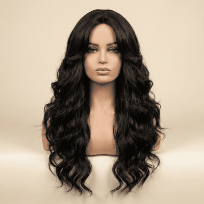 Long Black Wavy Synthetic Wig – No‑Lace Full Head Cover