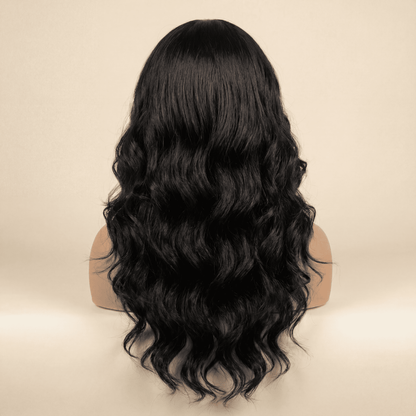 Long Black Wavy Synthetic Wig – No‑Lace Full Head Cover