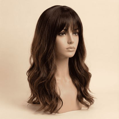 20 Inch Dark Root Ombre Brown Body Wave Synthetic Wig with Bangs