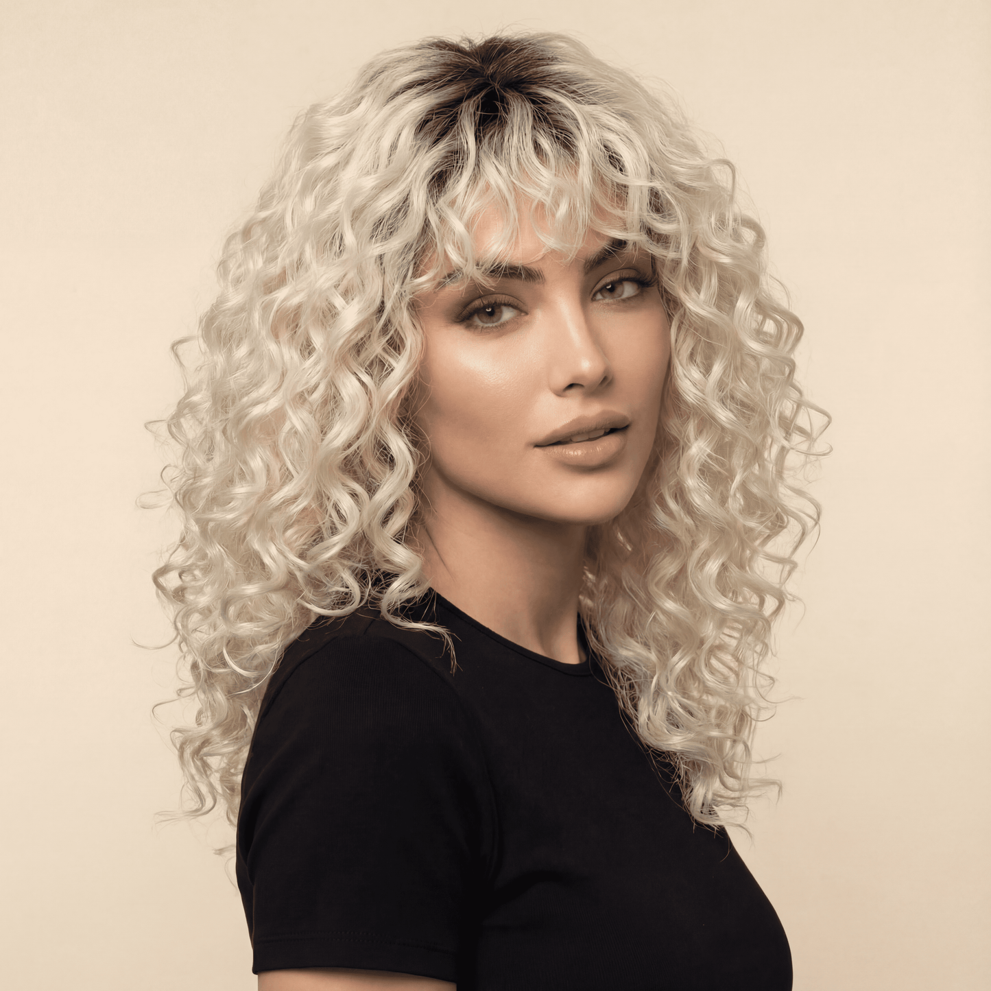 Platinum Blonde Curly Synthetic Wig with Bangs – Dark Roots