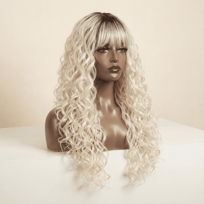 Platinum Blonde Curly Synthetic Wig with Bangs – Dark Roots