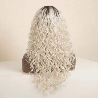 Platinum Blonde Curly Synthetic Wig with Bangs – Dark Roots