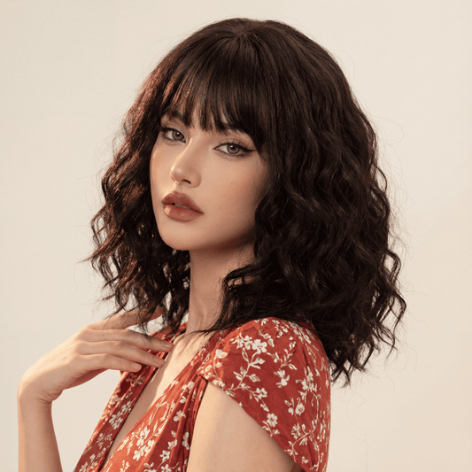 40.64cm Women’s Black Brown Medium Length Curly Wig with Bangs – High-Temperature Fiber, Rose Hair Net Cap