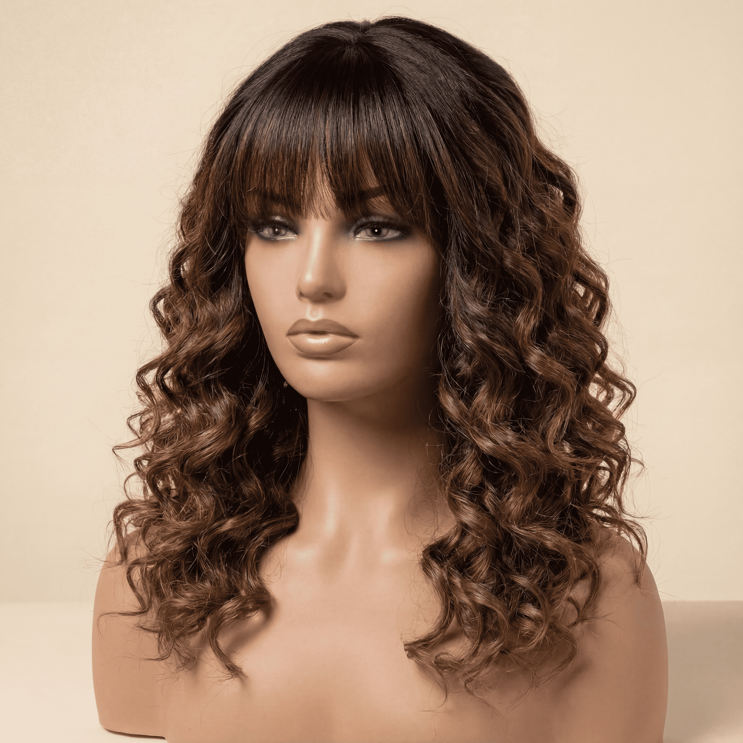 40.64cm Women’s Black Brown Medium Length Curly Wig with Bangs – High-Temperature Fiber, Rose Hair Net Cap
