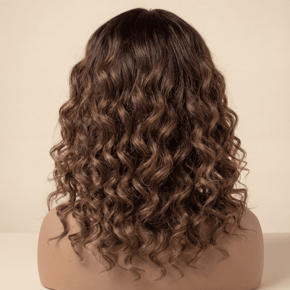 40.64cm Women’s Black Brown Medium Length Curly Wig with Bangs – High-Temperature Fiber, Rose Hair Net Cap