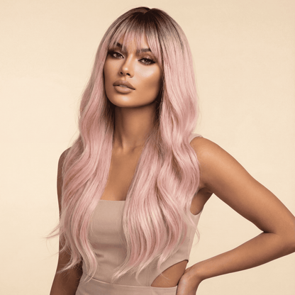 Long Ombre Light Pink Wavy Synthetic Wig with Bangs ( No‑Lace )