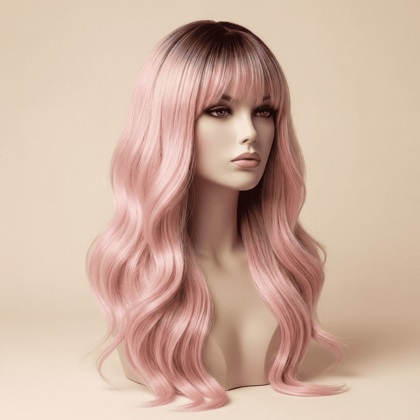 Long Ombre Light Pink Wavy Synthetic Wig with Bangs ( No‑Lace )