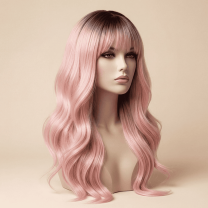 Long Ombre Light Pink Wavy Synthetic Wig with Bangs ( No‑Lace )