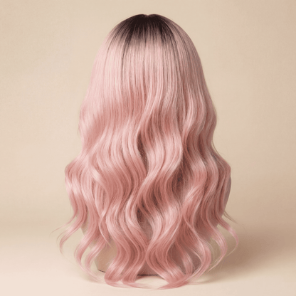 Long Ombre Light Pink Wavy Synthetic Wig with Bangs ( No‑Lace )