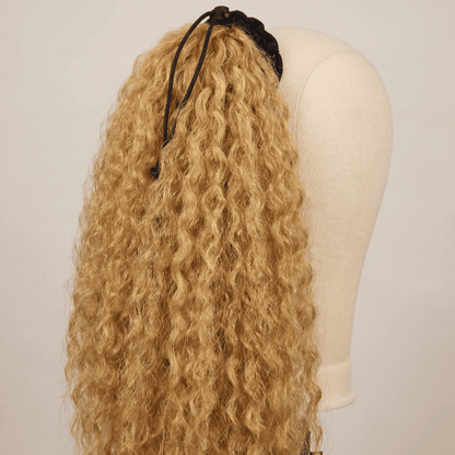 Long Blonde Drawstring Afro Wavy Ponytail Hair Extension – Synthetic