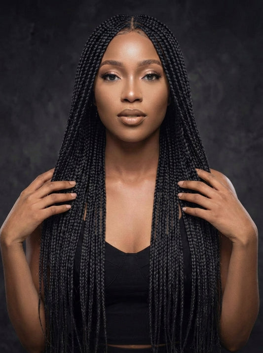 Long Black Braided Lace Wig – Synthetic Fake Scalp Wig